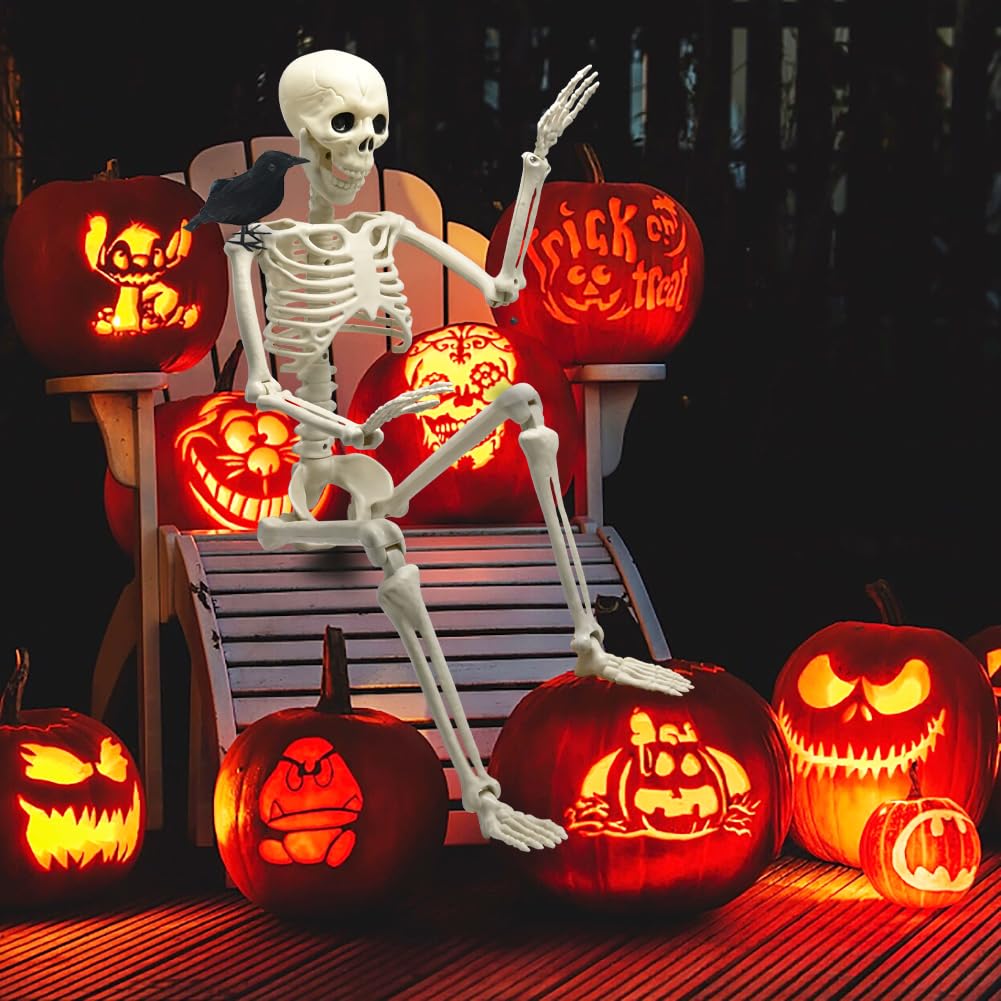 36" Skeleton Halloween Decorations, 3FT Realistic Full Body Movable Posable Joints Skeleton, Creepy Halloween Plastic Skeleton for Graveyard Decorations, Haunted House Props Indoor/Outdoor Decor